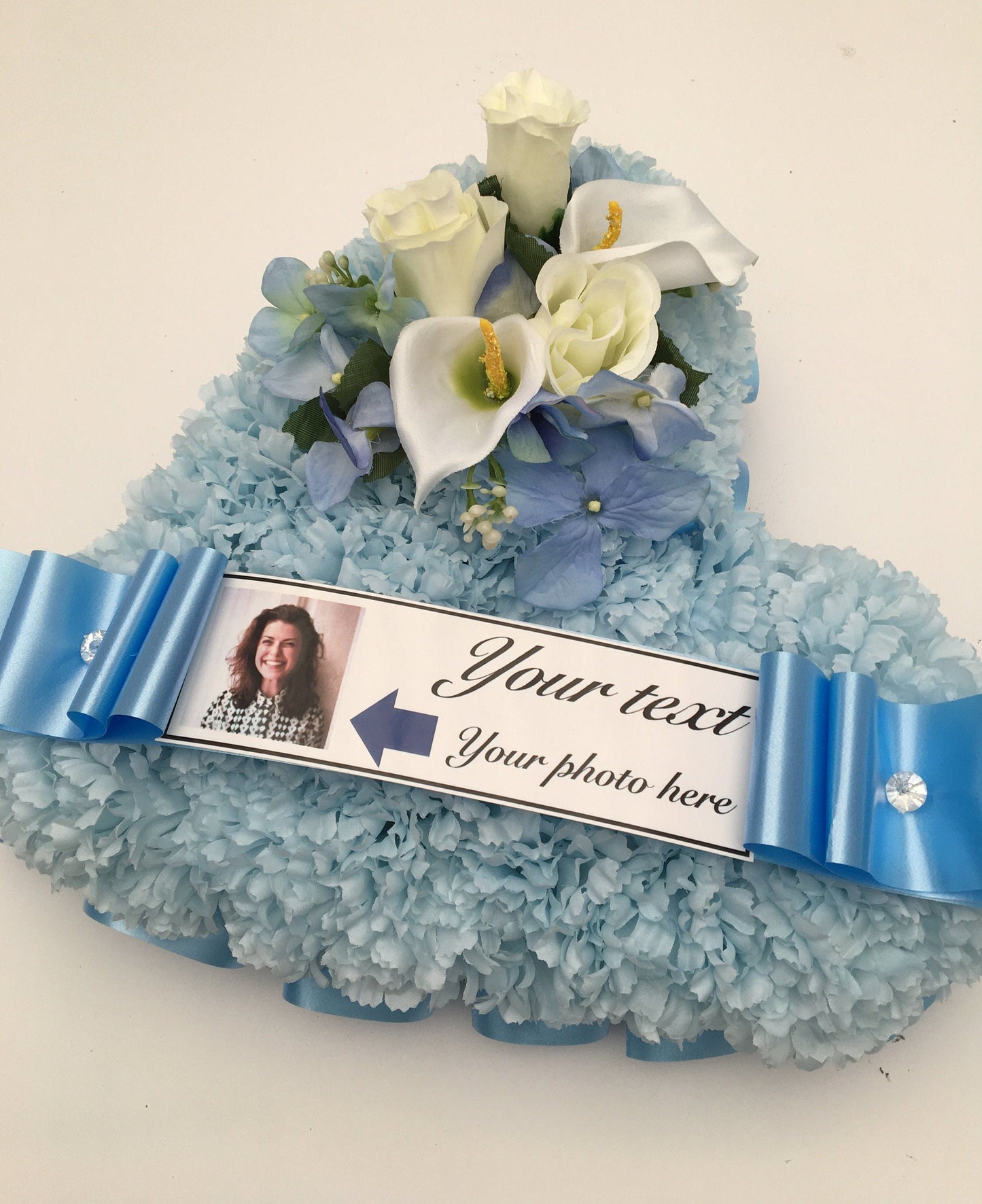 Funeral Flowers Heart Custom Photo Artificial Silk, choose Any colour, printed tribute message, Dad, Mum, Nan and Grandad for Grave/memorial