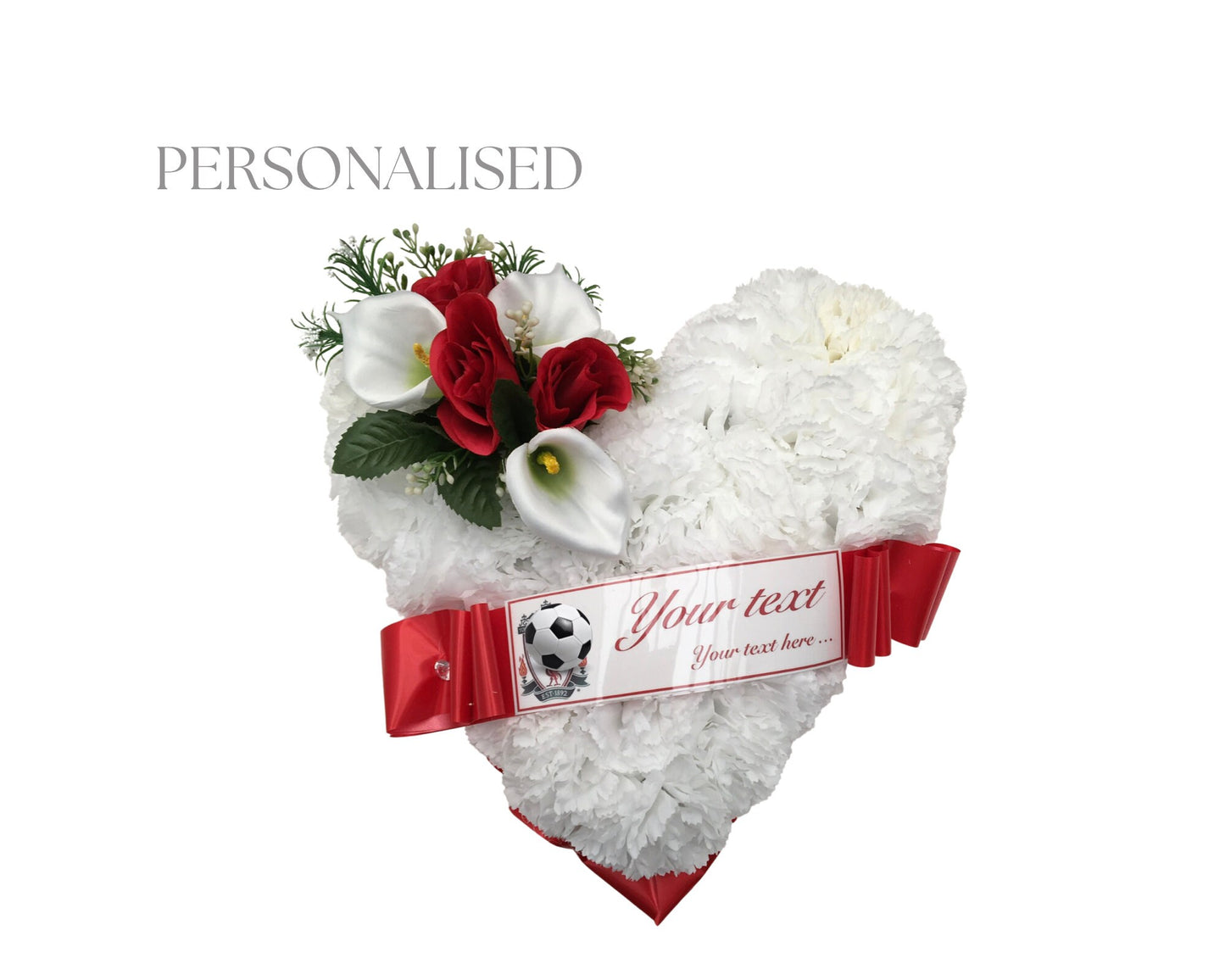 FOOTBALL TEAM HEART Artificial Silk Funeral Flower Memorial Tribute Grave, Any colour, Any Team, includes customised printed message.