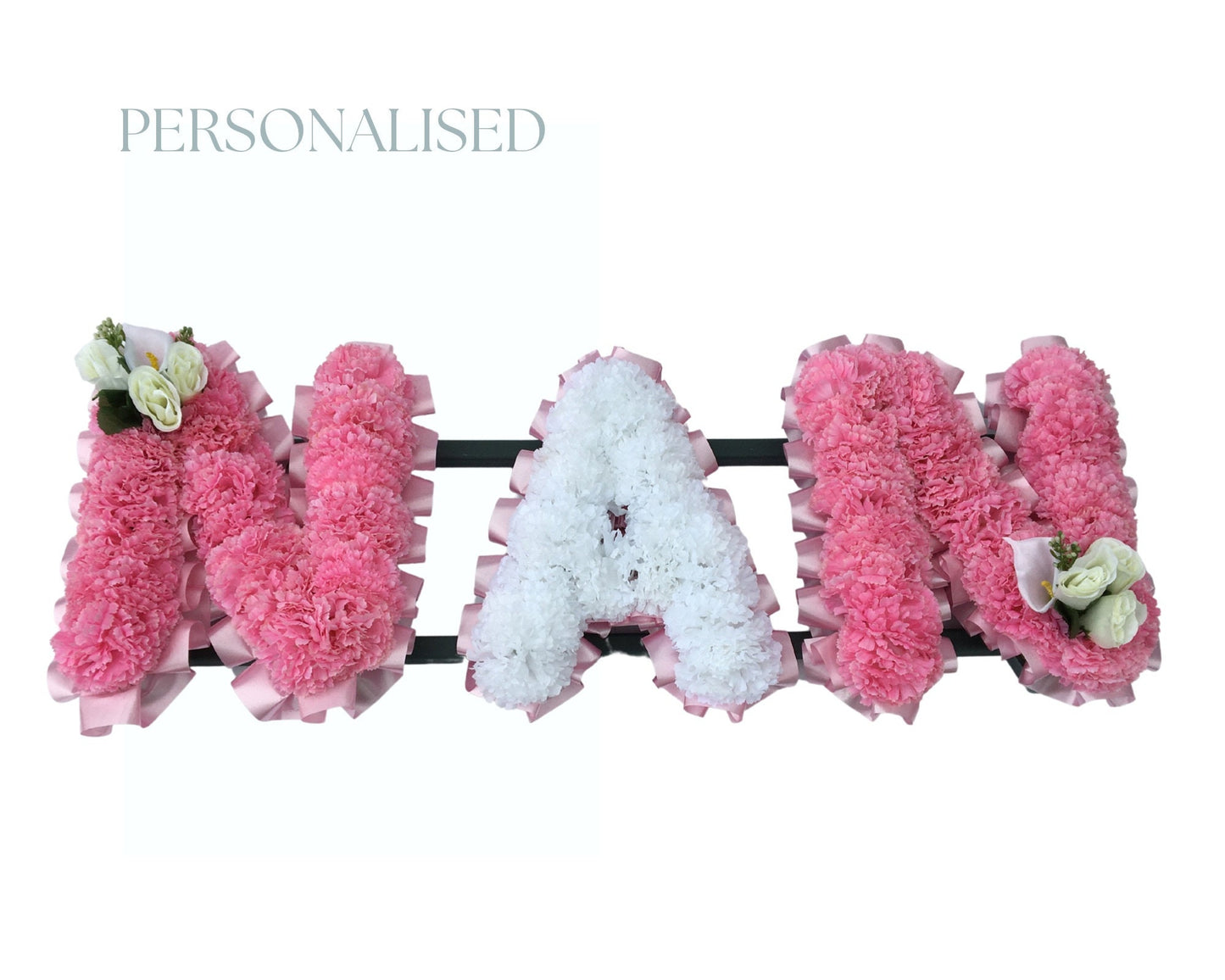 NAN Personalised Letters Artificial Silk Funeral Flower Memorial Tribute Grave, Any colour-Any Name-Mum/Dad/Nan/Son. 3 Letter Wreath.