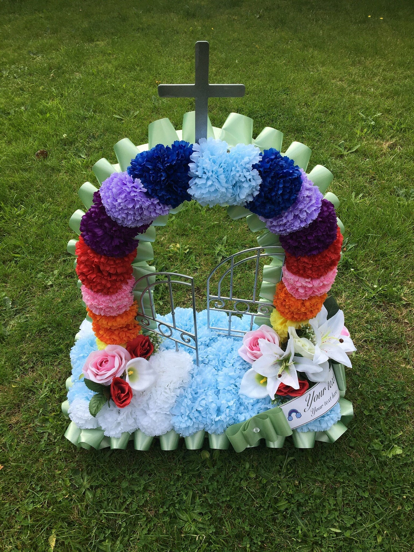 Personalised Gates of Heaven Rainbow, Artificial Silk, Funeral Flower, Memorial Tribute for Grave Mum/Dad/Daughter/Son/Grandad/Nan, message