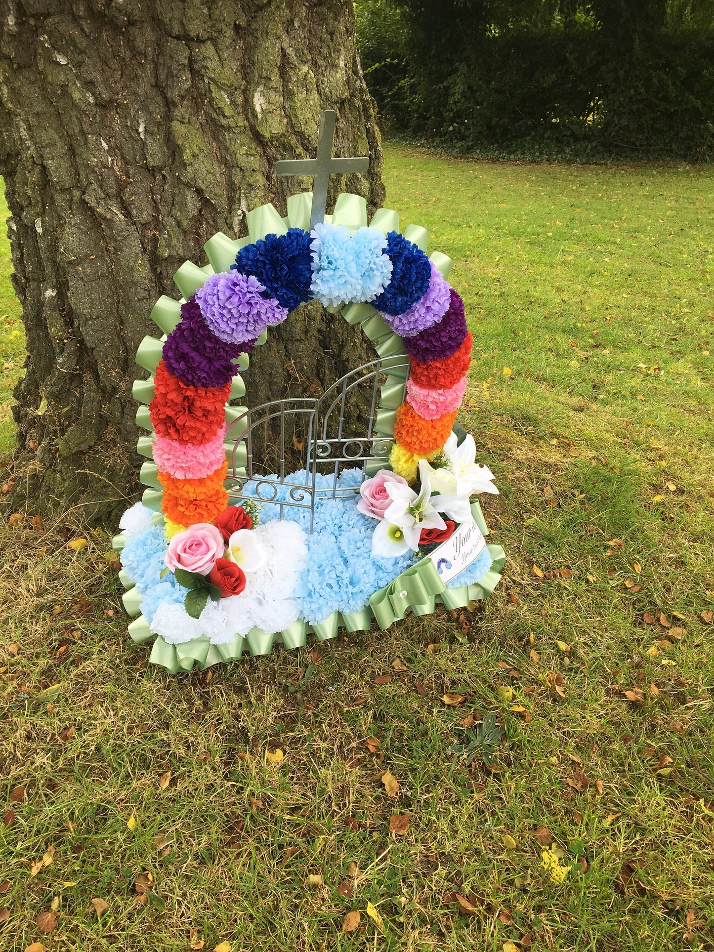 Personalised Gates of Heaven Rainbow, Artificial Silk, Funeral Flower, Memorial Tribute for Grave Mum/Dad/Daughter/Son/Grandad/Nan, message