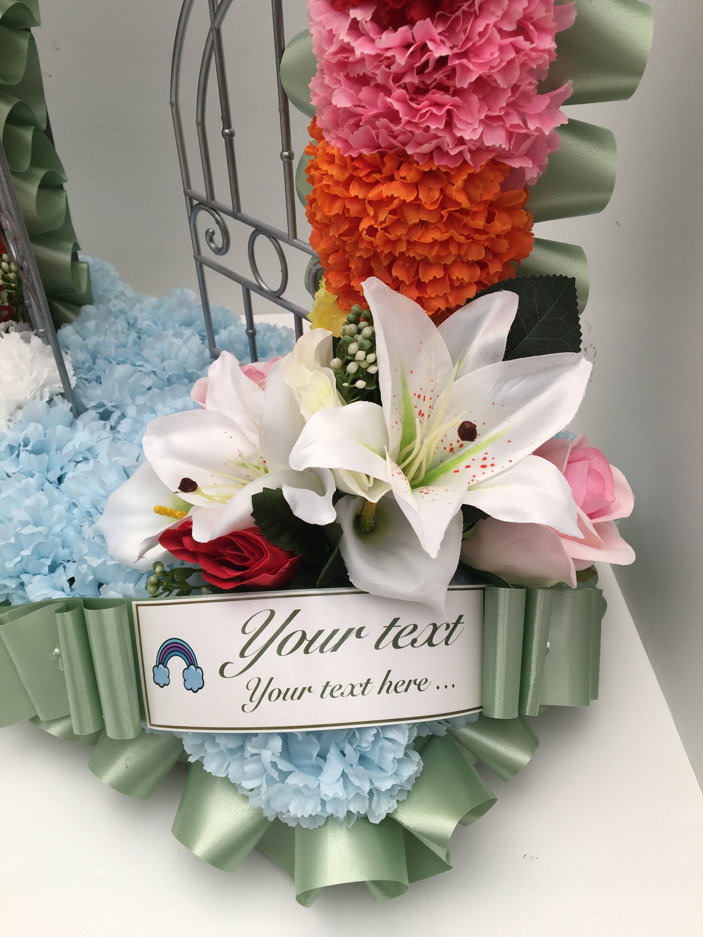 Personalised Gates of Heaven Rainbow, Artificial Silk, Funeral Flower, Memorial Tribute for Grave Mum/Dad/Daughter/Son/Grandad/Nan, message