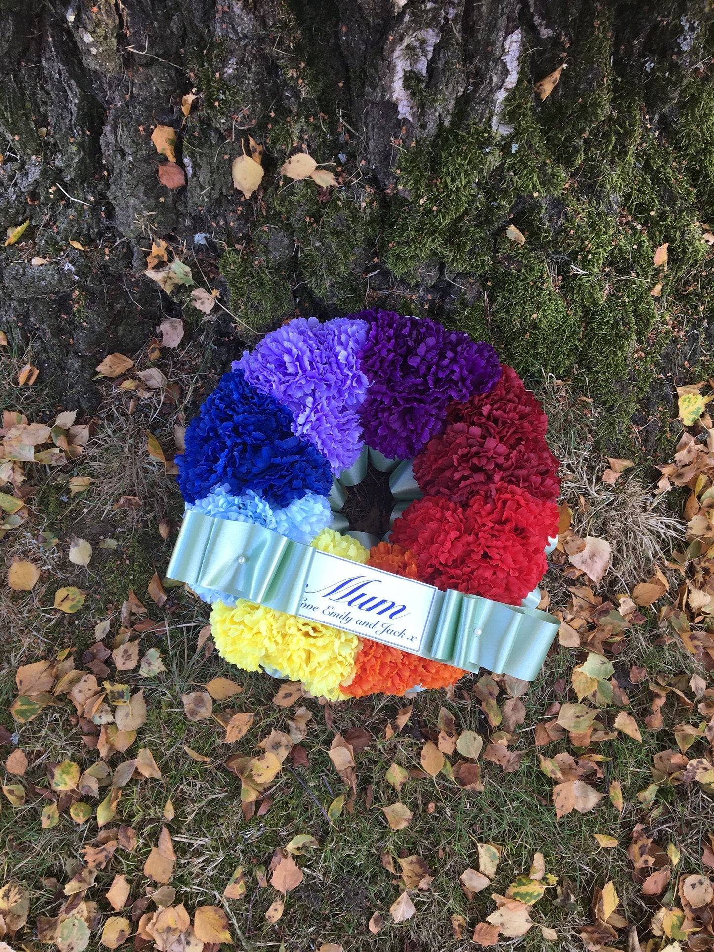 Rainbow Wreath Artificial Silk, Funeral Flowers, Memorial, Tribute, Grave Arrangement Any Colour, fake flowers.