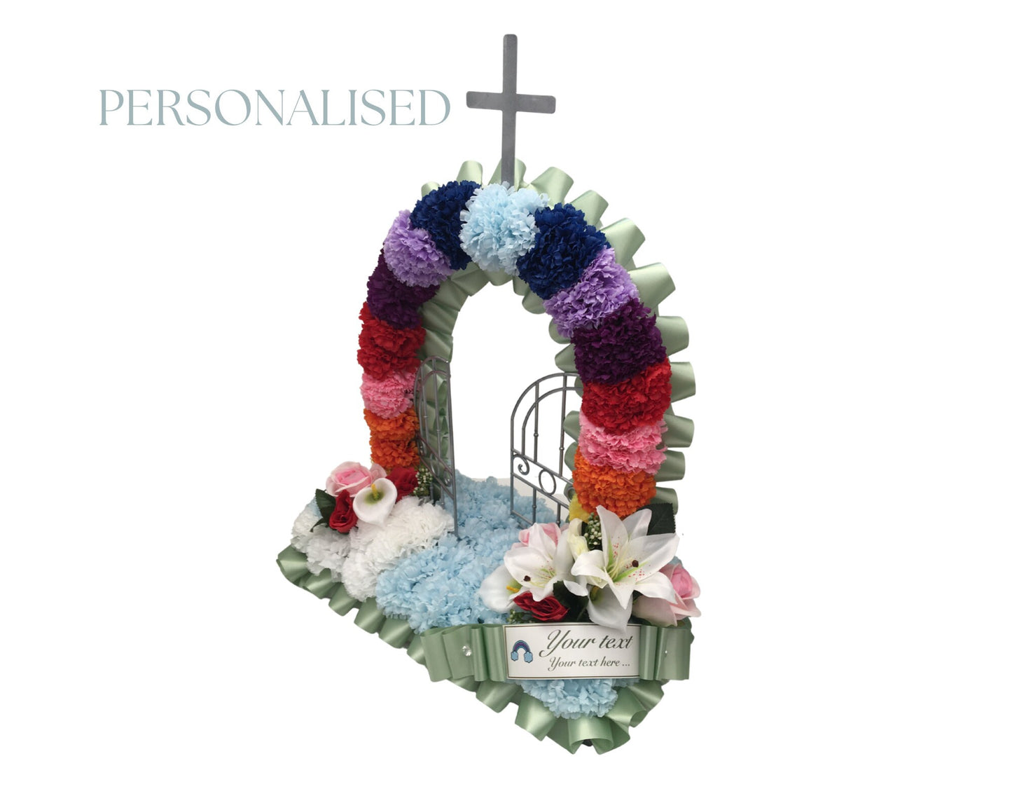Personalised Gates of Heaven Rainbow, Artificial Silk, Funeral Flower, Memorial Tribute for Grave Mum/Dad/Daughter/Son/Grandad/Nan, message