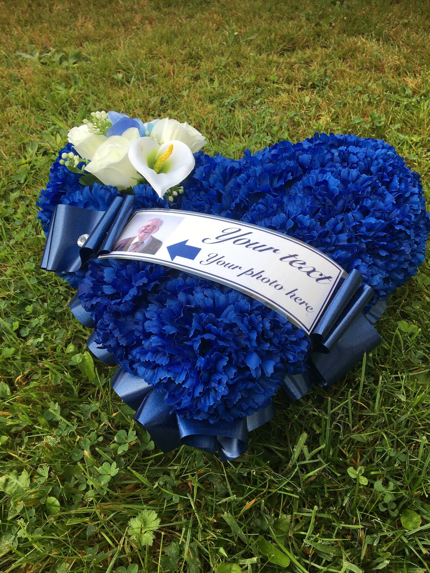 Funeral Flowers Heart Custom Photo Artificial Silk, choose Any colour, printed tribute message, Dad, Mum, Nan and Grandad for Grave/memorial