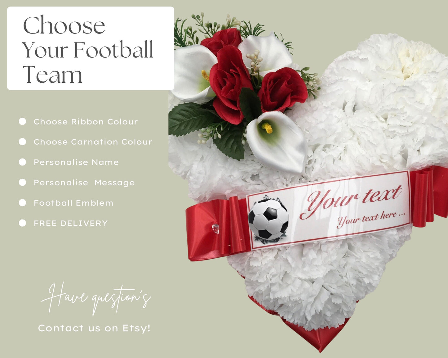FOOTBALL TEAM HEART Artificial Silk Funeral Flower Memorial Tribute Grave, Any colour, Any Team, includes customised printed message.
