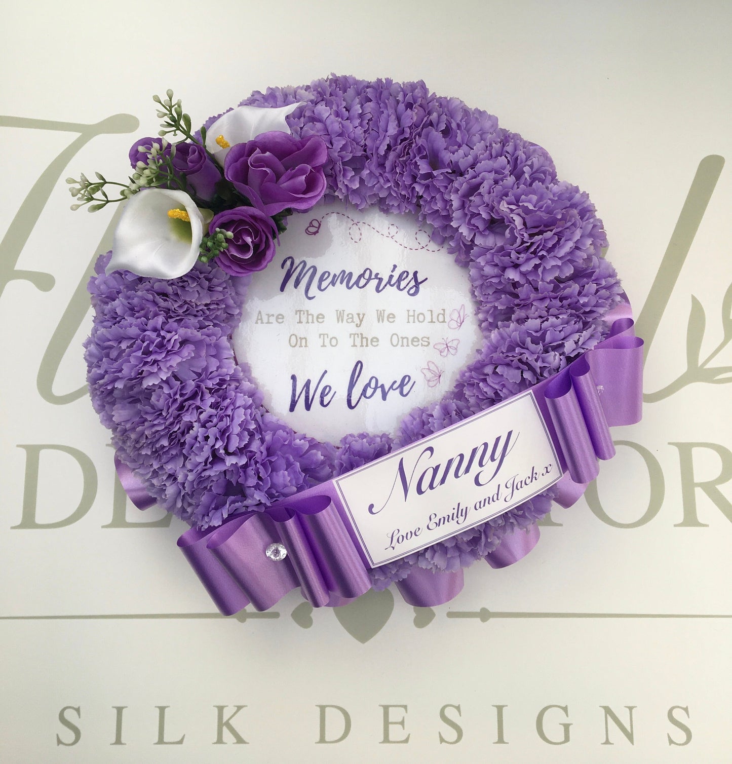 NAN Wreath Artificial Silk Funeral Flower Tribute, Includes memorial quote, Choose Any Colour, personalised family Remembrance wreath.