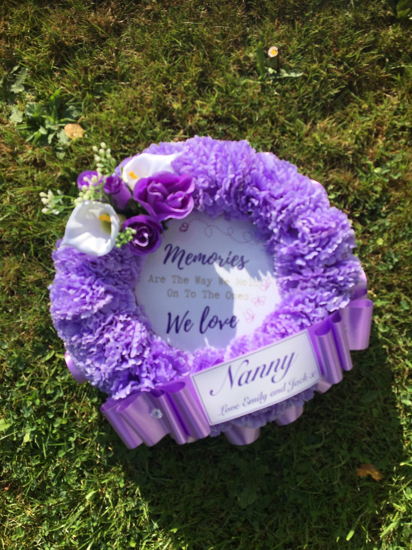 NAN Wreath Artificial Silk Funeral Flower Tribute, Includes memorial quote, Choose Any Colour, personalised family Remembrance wreath.