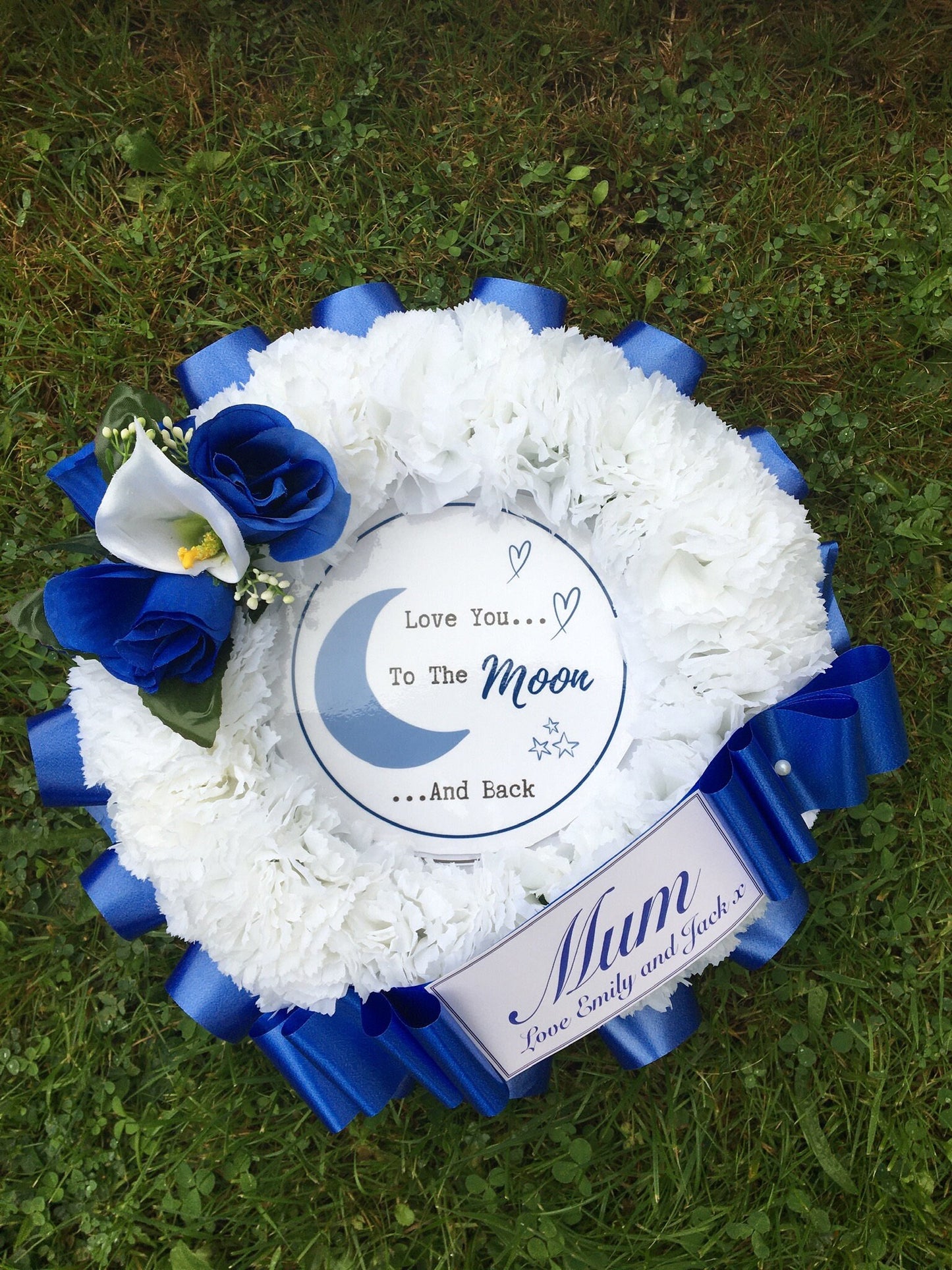 Wreath - Love You To The Moon And Back - Artificial Silk Funeral - Flower Tribute - Any Colour - Personalised Name - Custom printed message