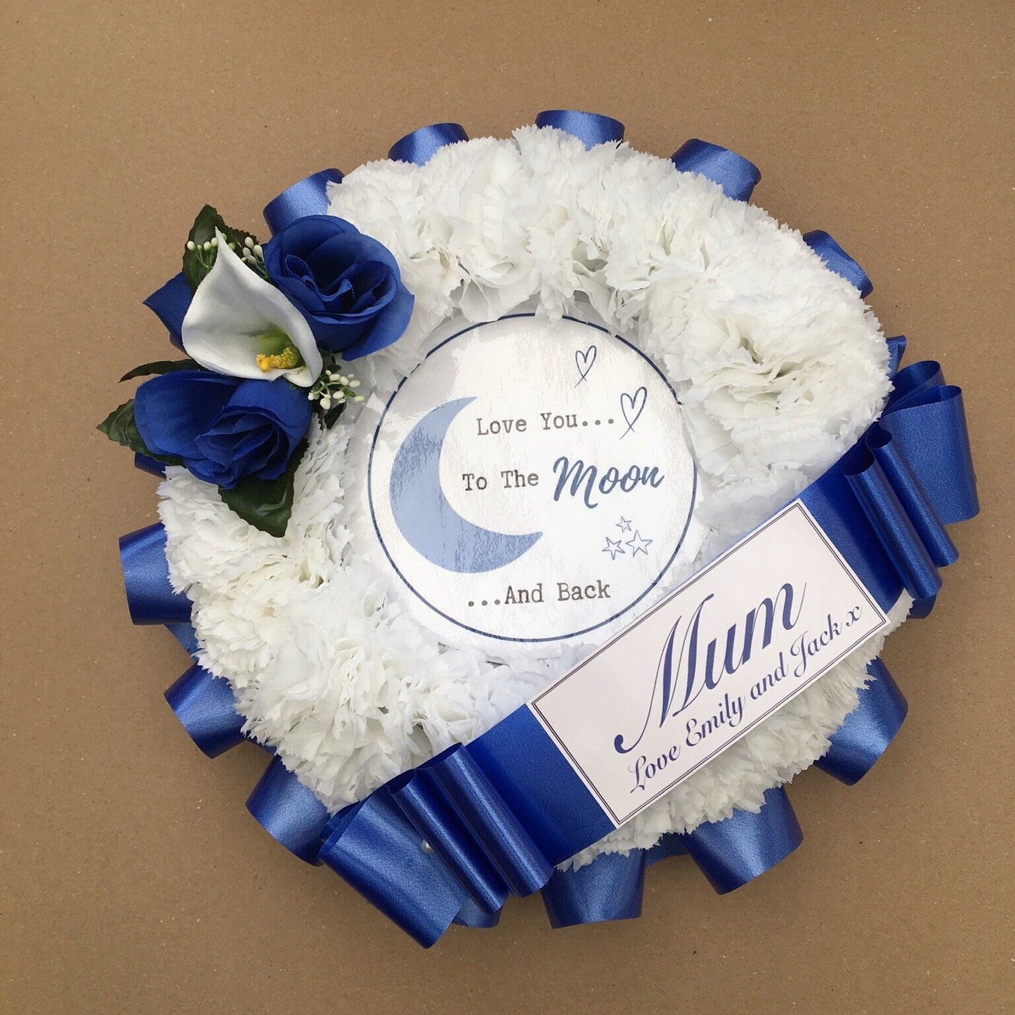 Wreath - Love You To The Moon And Back - Artificial Silk Funeral - Flower Tribute - Any Colour - Personalised Name - Custom printed message