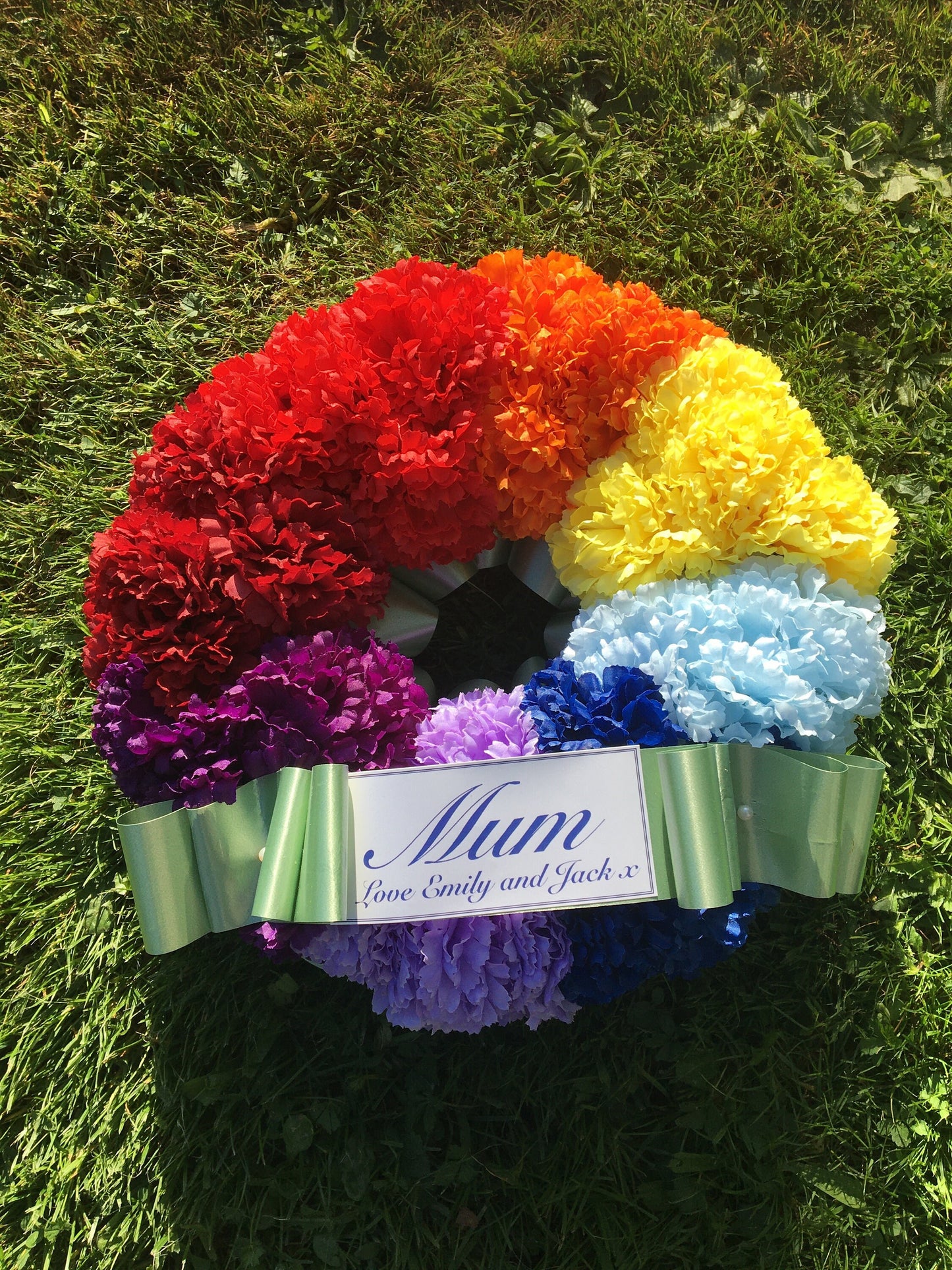 Rainbow Wreath Artificial Silk, Funeral Flowers, Memorial, Tribute, Grave Arrangement Any Colour, fake flowers.