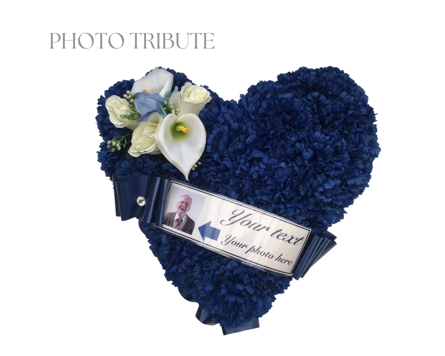 Funeral Flower Heart with Custom Photo made from Artificial Silk carnations, pleated ribbon Edge and rose cluster, choose Any colour, printed tribute message included suitable for Dad, Mum, Nan and Grandad for Grave or memorial.