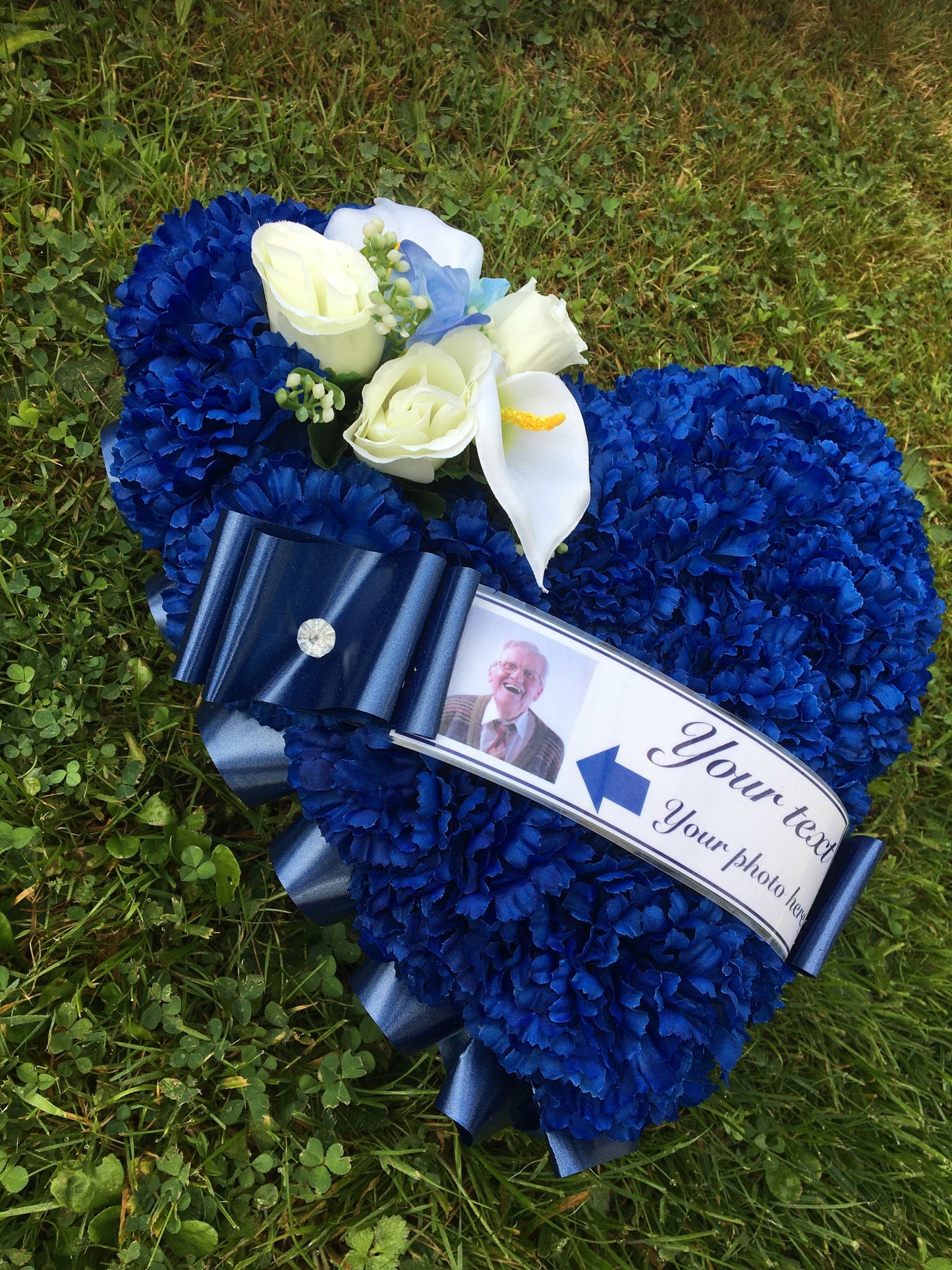 Funeral Flowers Heart Custom Photo Artificial Silk, choose Any colour, printed tribute message, Dad, Mum, Nan and Grandad for Grave/memorial