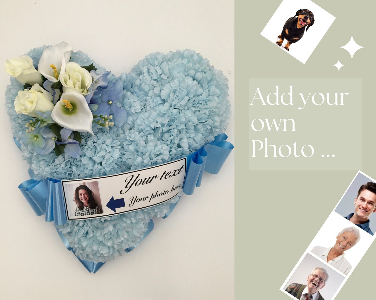 Photo Heart Artificial Silk, Personalised Funeral Flower Memorial Tribute Grave, Any colour, Any Name, Photograph and message included.