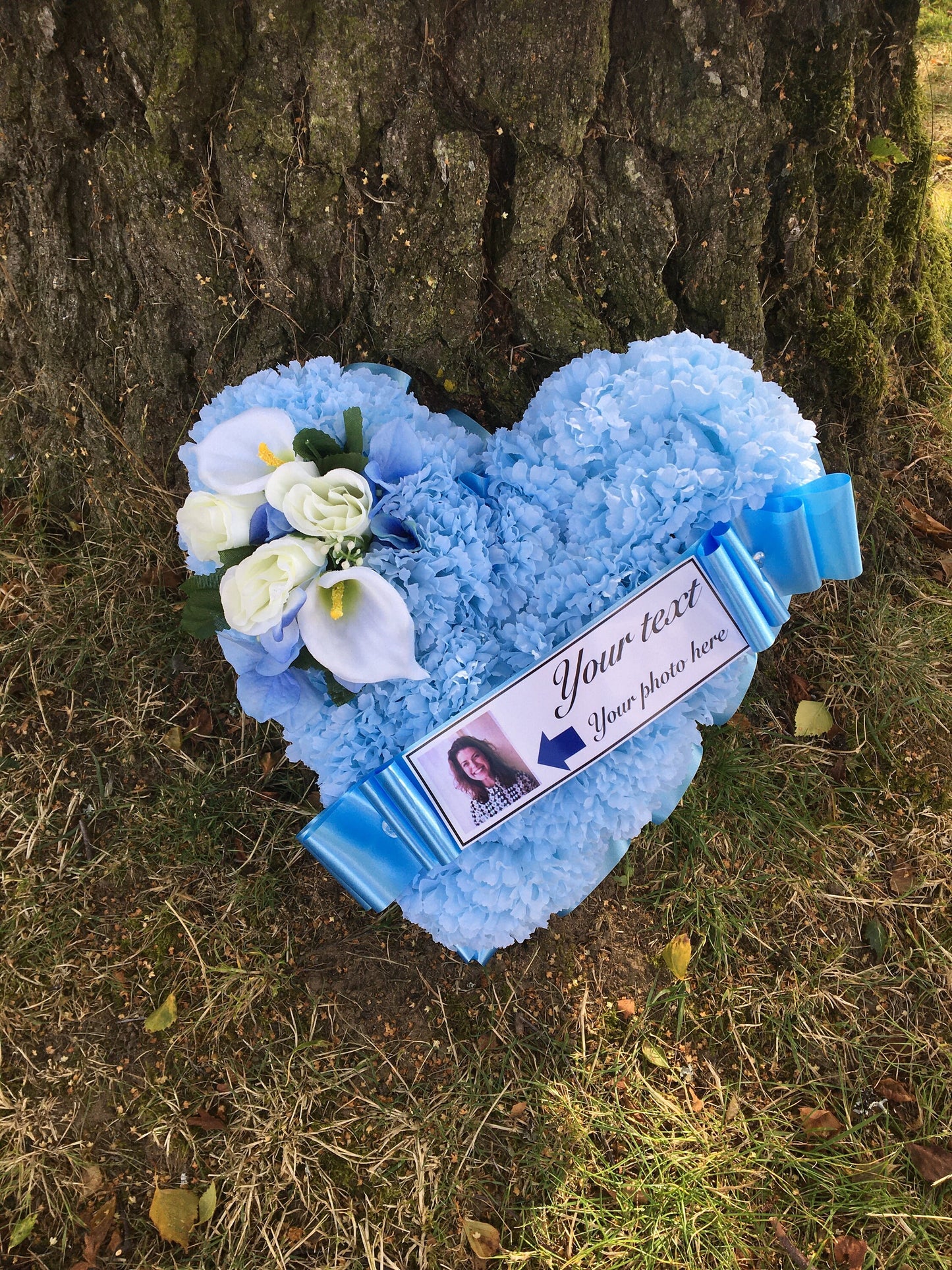 Photo Heart Artificial Silk, Personalised Funeral Flower Memorial Tribute Grave, Any colour, Any Name, Photograph and message included.