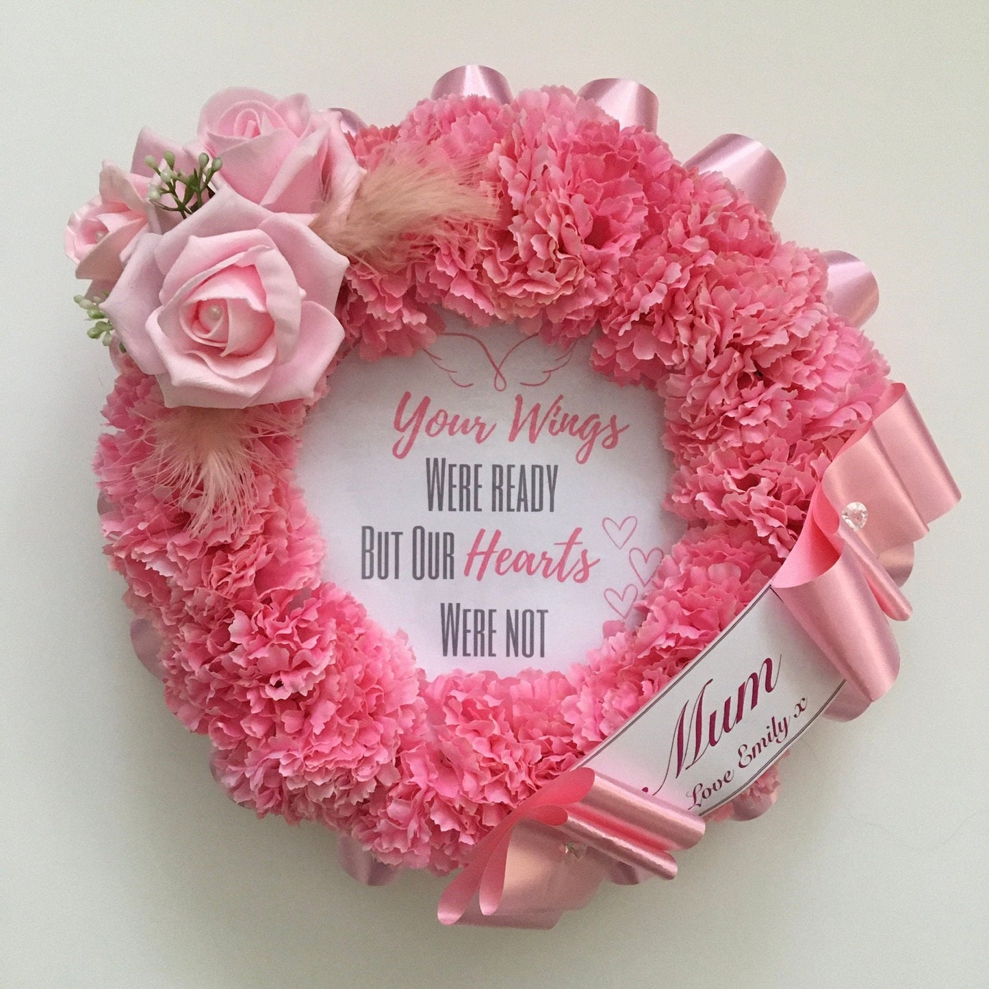 Mum Artificial Silk Funeral Flower Wreath Tribute Pink or Choose Any Colour for Grave Memorial Decoration includes Personalised Name