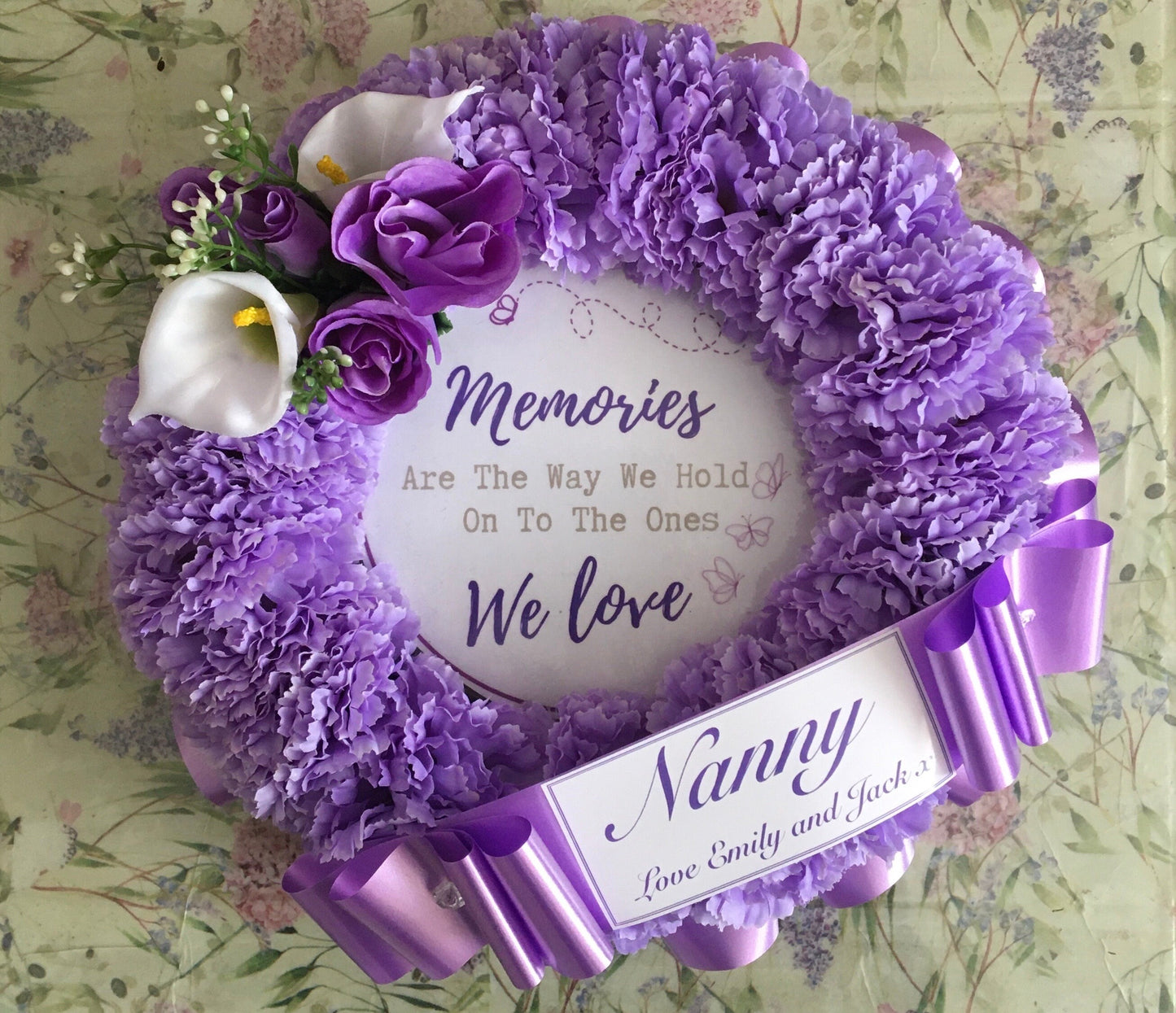 NAN Wreath Artificial Silk Funeral Flower Tribute, Includes memorial quote, Choose Any Colour, personalised family Remembrance wreath.