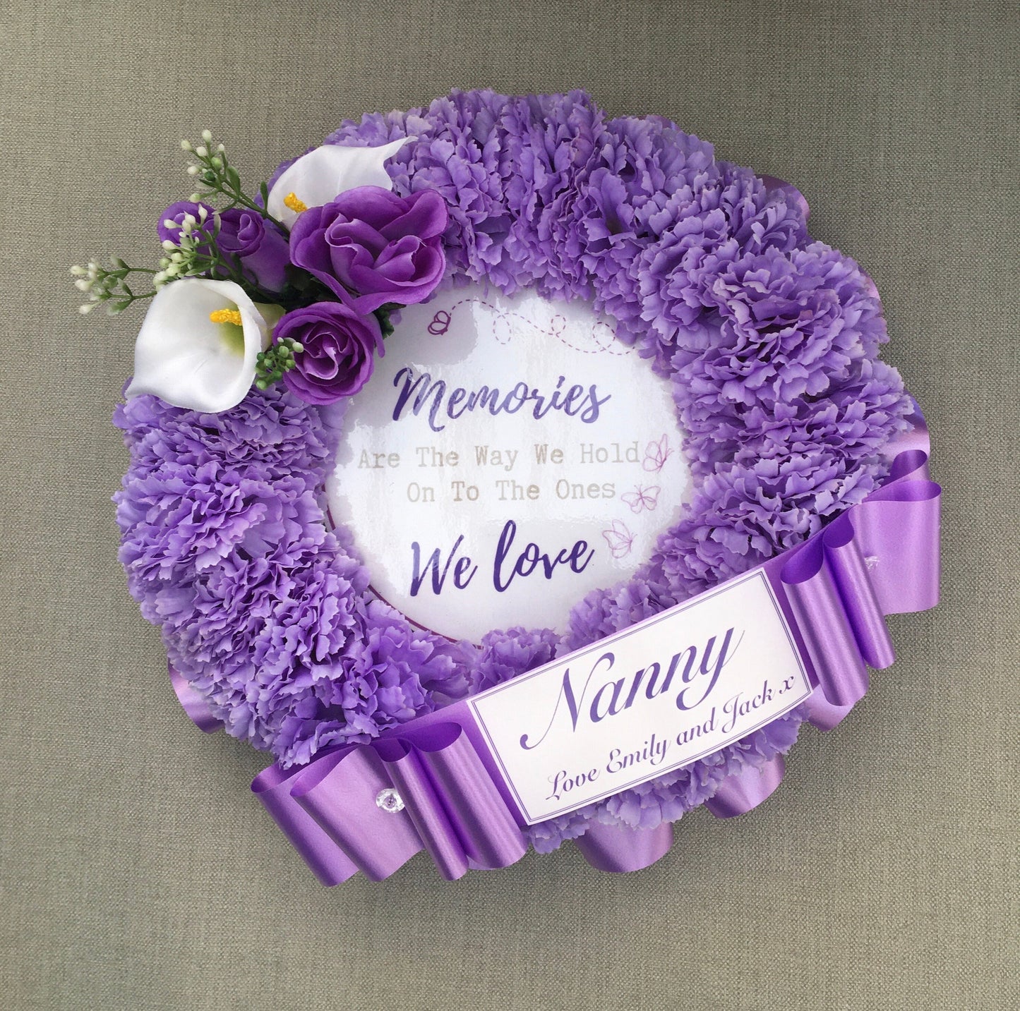 NAN Wreath Artificial Silk Funeral Flower Tribute, Includes memorial quote, Choose Any Colour, personalised family Remembrance wreath.