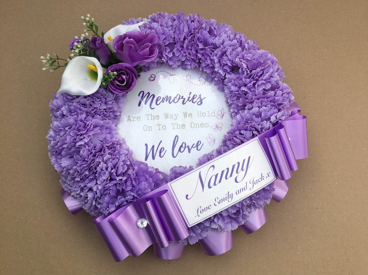 NAN Wreath Artificial Silk Funeral Flower Tribute, Includes memorial quote, Choose Any Colour, personalised family Remembrance wreath.