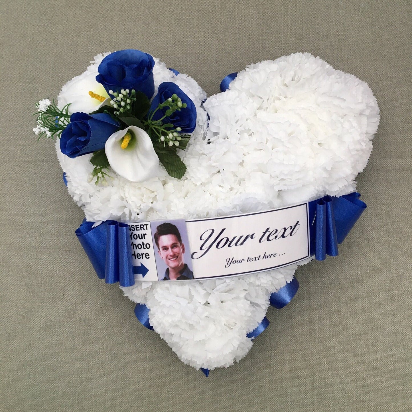 Funeral Flower Artificial Silk Tribute Photo Keepsake With Custom Print Ribbon Label Faux Grave Decoration Heart Shape Memorial Wreath