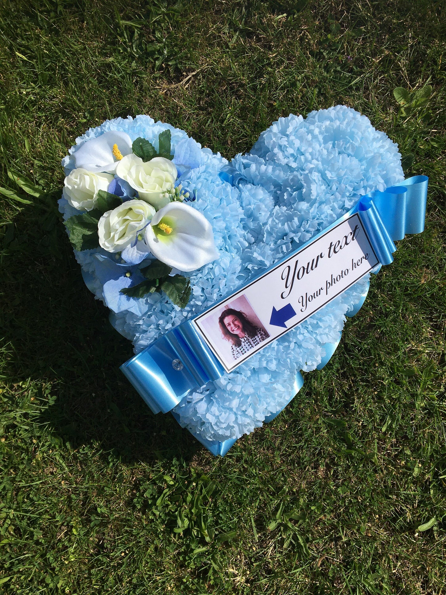 Photo Heart Artificial Silk, Personalised Funeral Flower Memorial Tribute Grave, Any colour, Any Name, Photograph and message included.