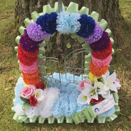 Personalised Gates of Heaven Rainbow, Artificial Silk, Funeral Flower, Memorial Tribute for Grave Mum/Dad/Daughter/Son/Grandad/Nan, message