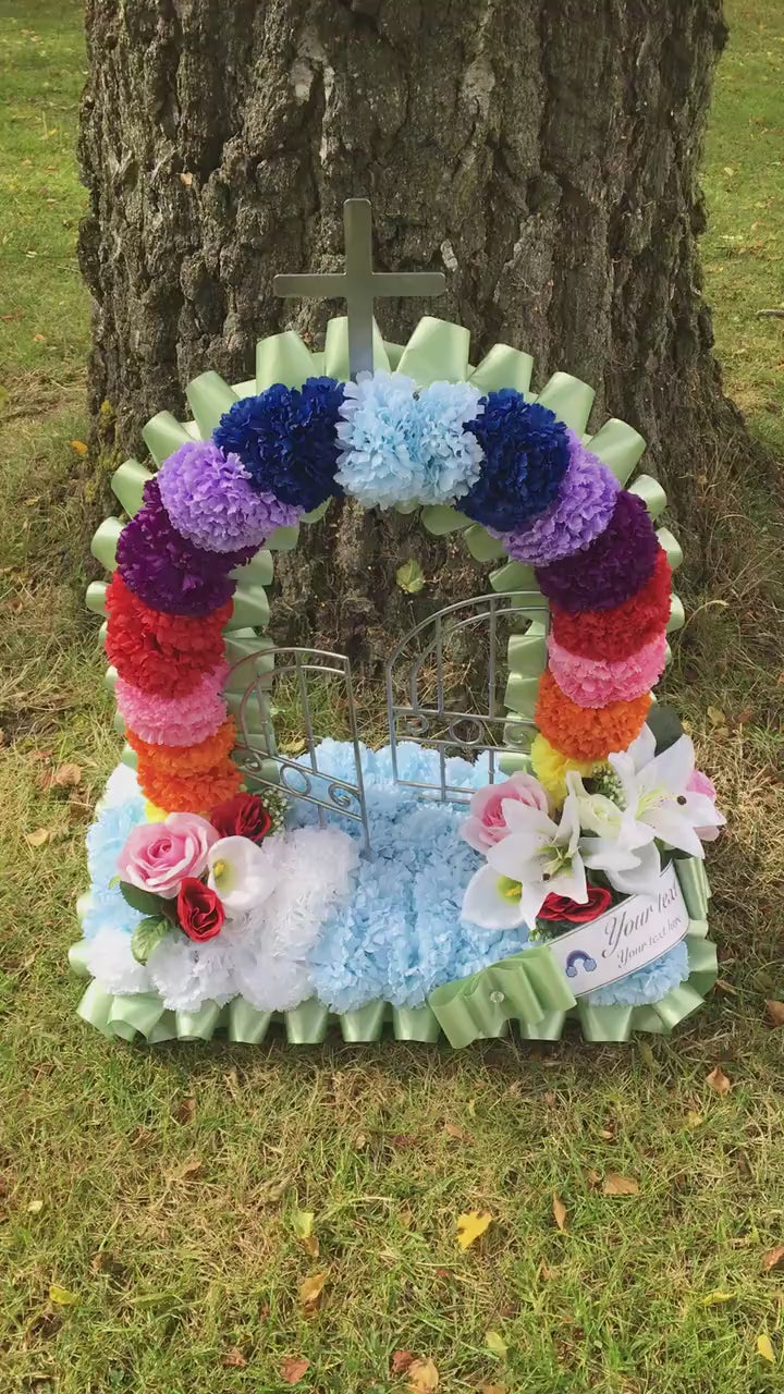 Personalised Gates of Heaven Rainbow, Artificial Silk, Funeral Flower, Memorial Tribute for Grave Mum/Dad/Daughter/Son/Grandad/Nan, message