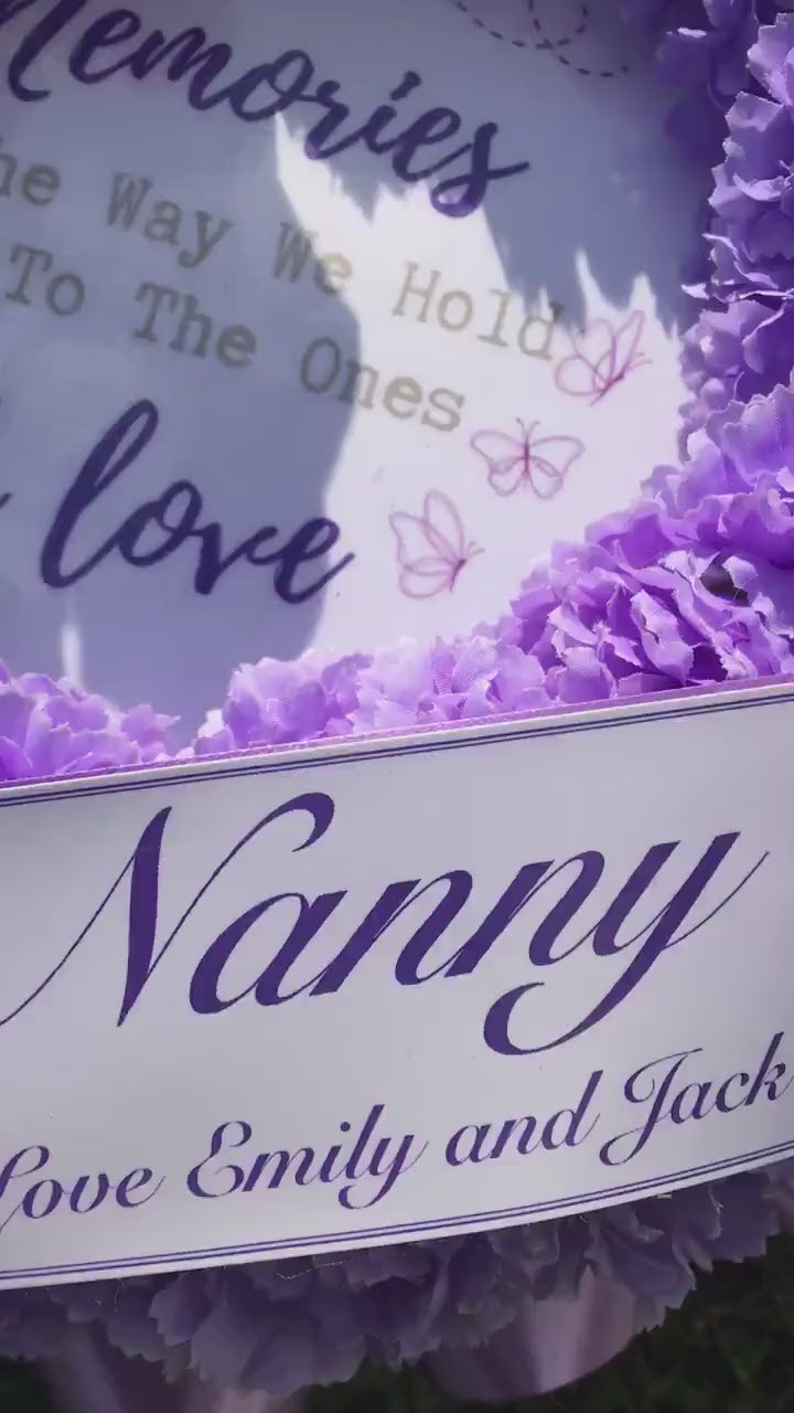 NAN Wreath Artificial Silk Funeral Flower Tribute, Includes memorial quote, Choose Any Colour, personalised family Remembrance wreath.