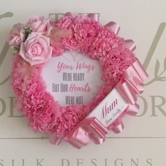 Mum Artificial Silk Funeral Flower Wreath Tribute Pink or Choose Any Colour for Grave Memorial Decoration  includes Personalised Name