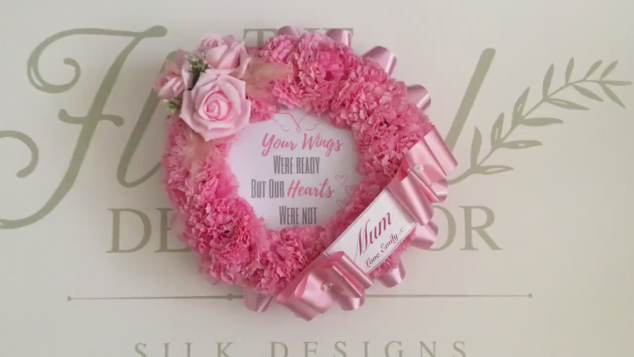 Mum Artificial Silk Funeral Flower Wreath Tribute Pink or Choose Any Colour for Grave Memorial Decoration  includes Personalised Name