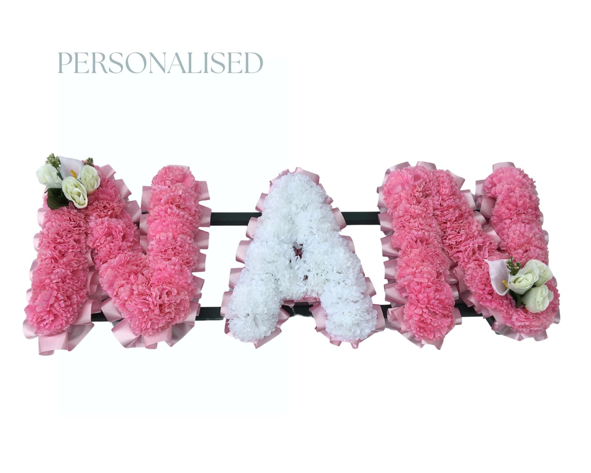 NAN Personalised Letters Artificial Silk Funeral Flower Memorial Tribute Grave, Any colour-Any Name-Mum/Dad/Nan/Son. 3 Letter Wreath.