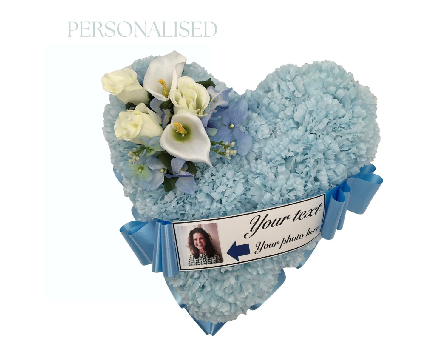 Funeral Flower Artificial Silk Tribute Photo Keepsake With Custom Print Ribbon Label Faux Grave Decoration Heart Shape Memorial Wreath