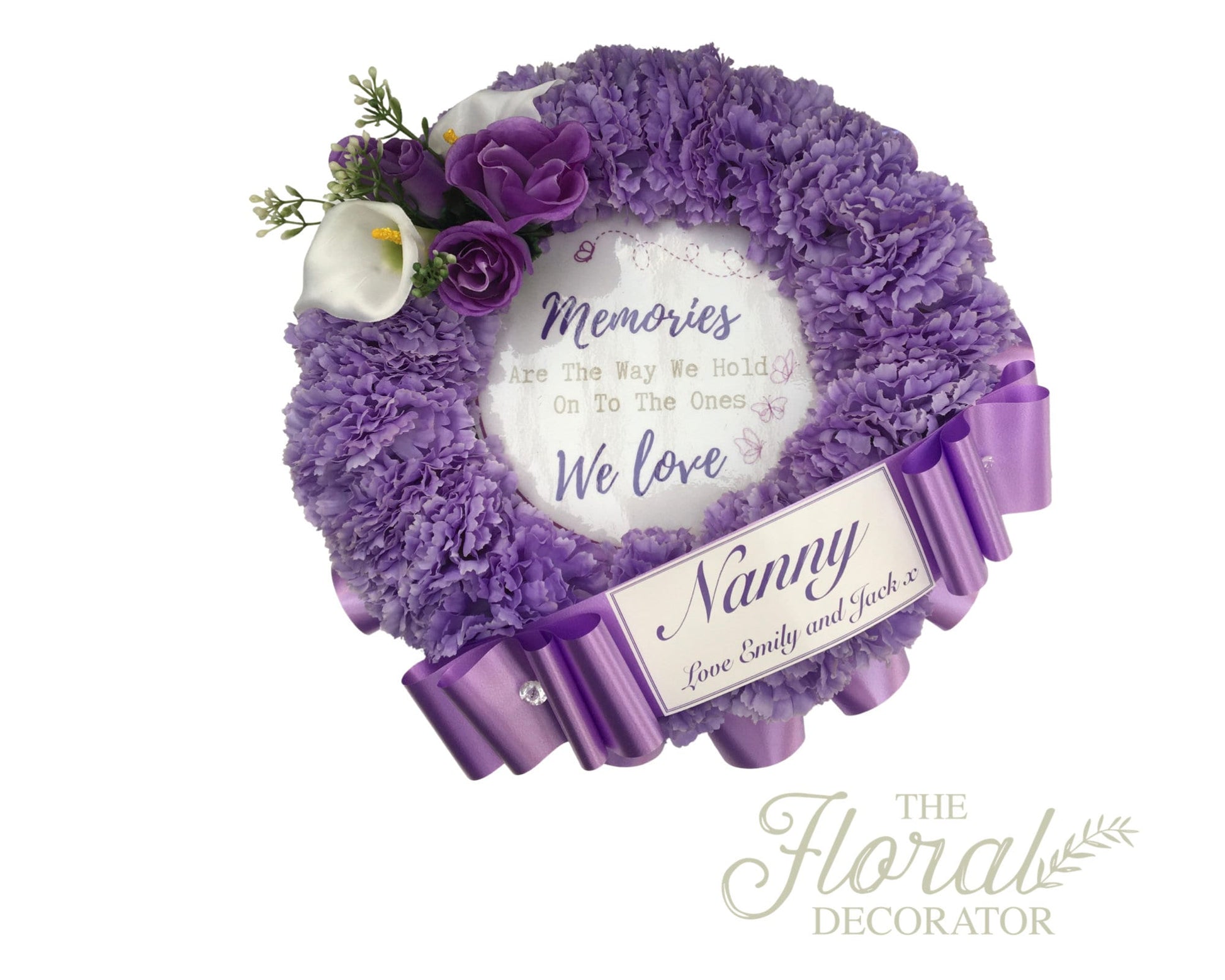NAN Wreath Artificial Silk Funeral Flower Tribute, Includes memorial quote, Choose Any Colour, personalised family Remembrance wreath.
