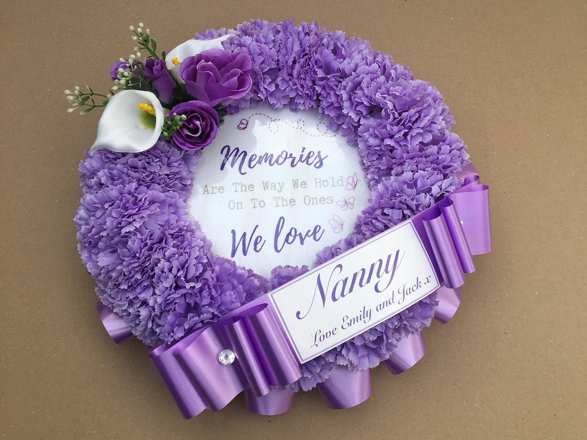 NAN Wreath Artificial Silk Funeral Flower Tribute, Includes memorial quote, Choose Any Colour, personalised family Remembrance wreath.